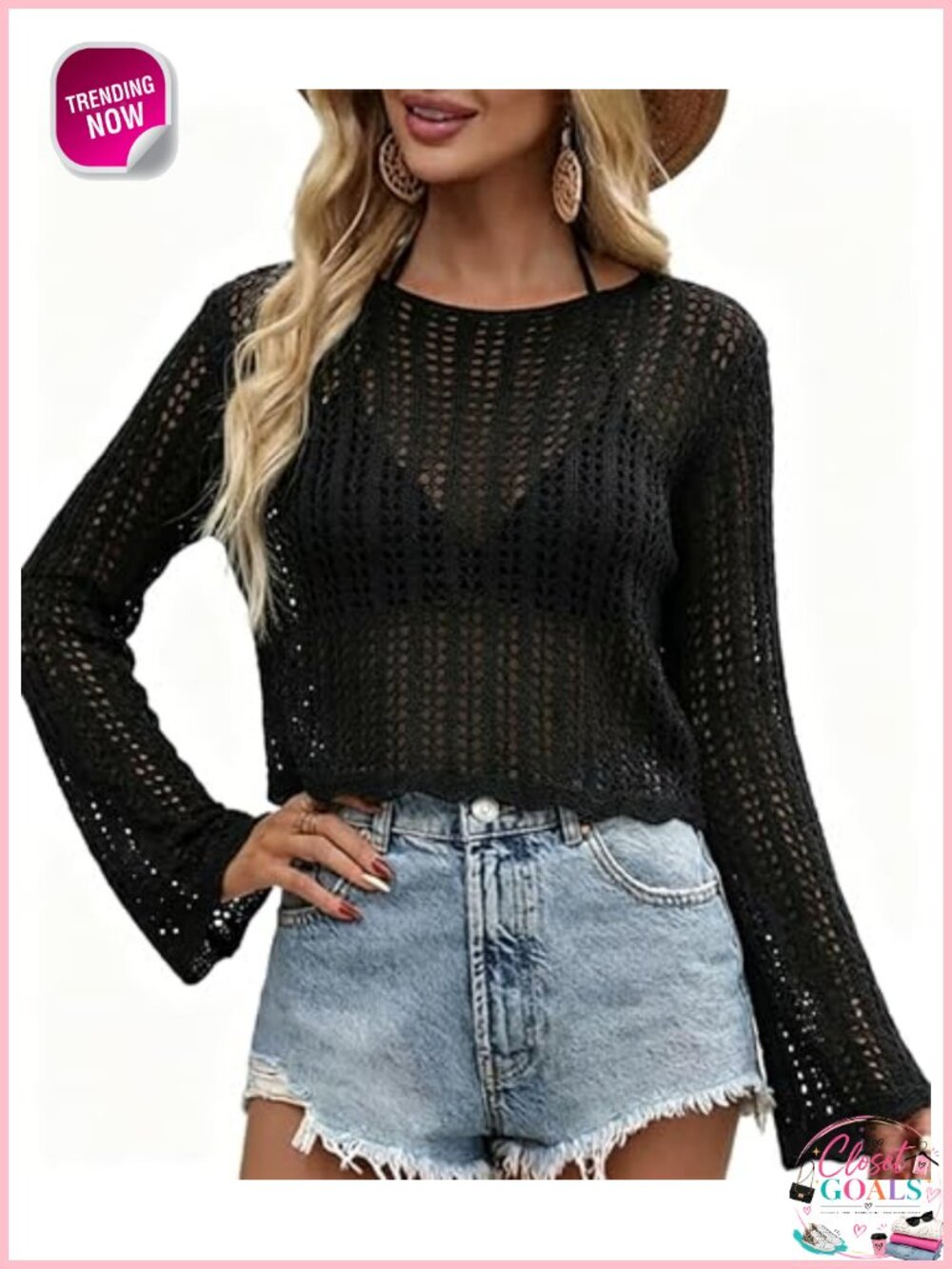 Crochet Sweater Casual Hollow Out Cropped Boat Neck Long Sleeve Pullover